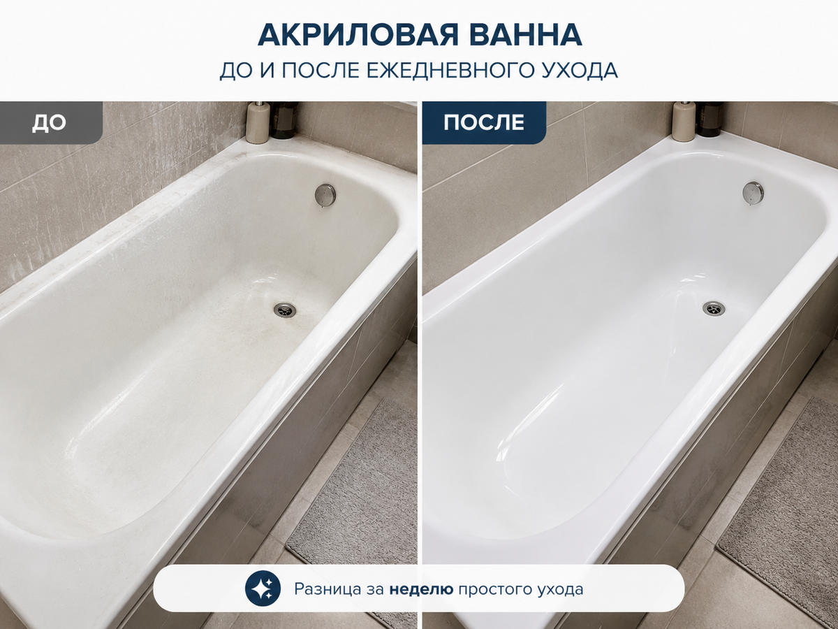 Акриловая ванна до и после ежедневного ухода
