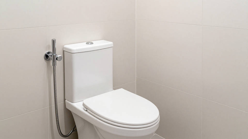 белый унитаз с гигиеническим душем на креплении в стене