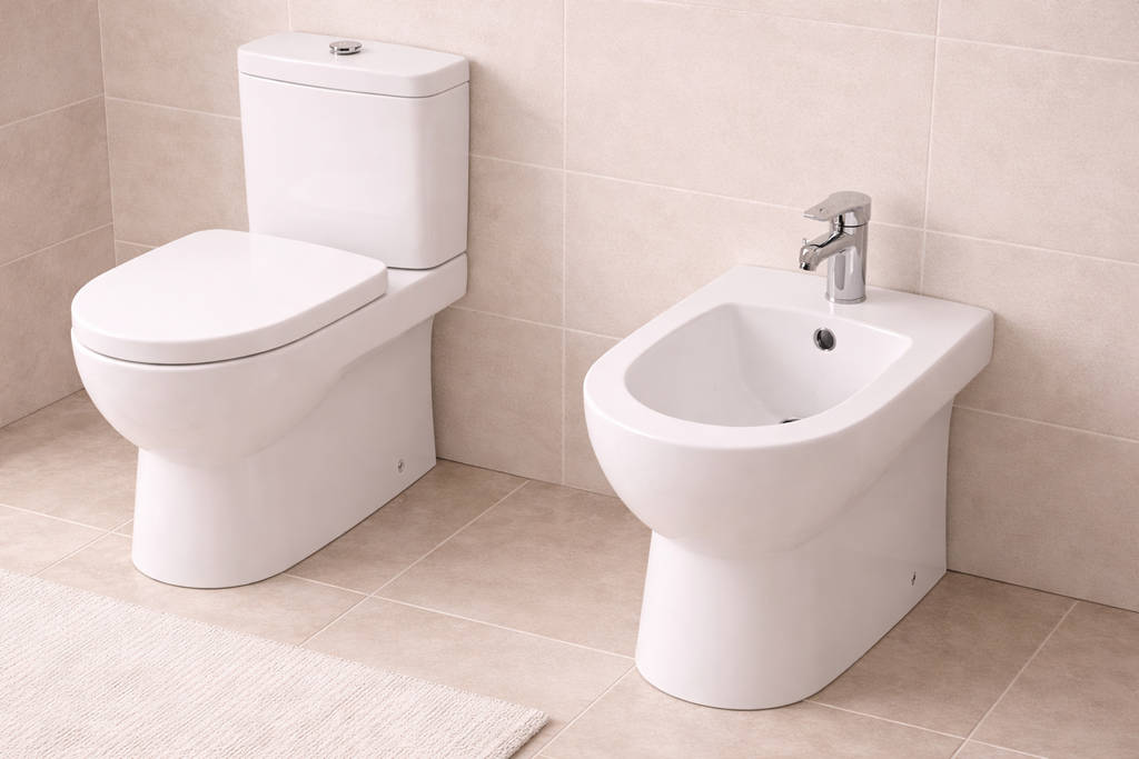 белое биде и унитаз в санузле на керамической плитке