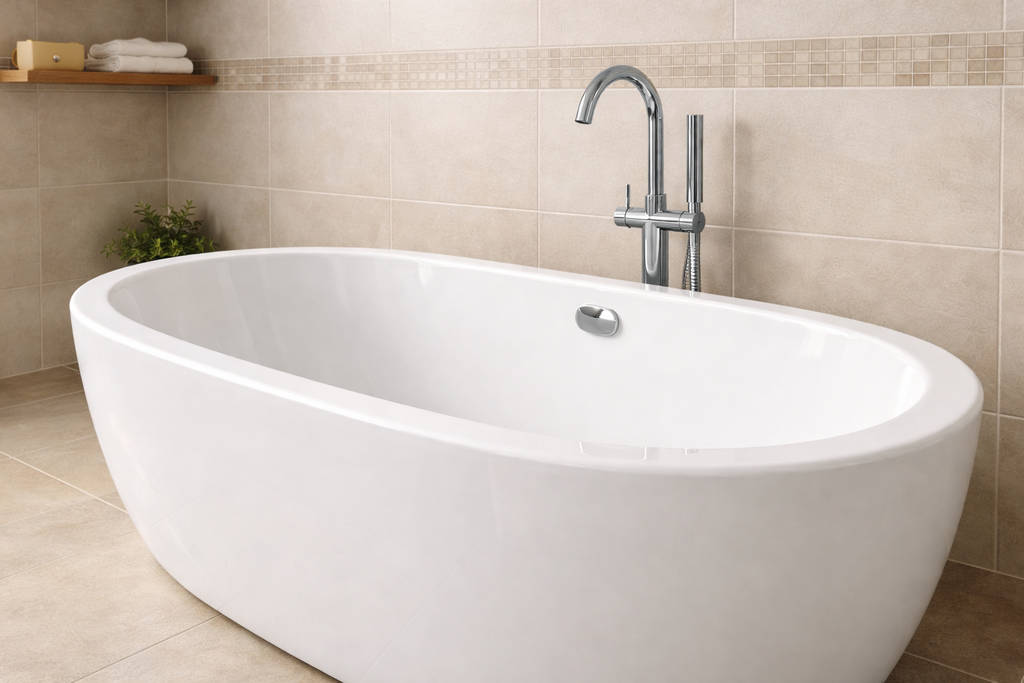 белая овальная ванна из акрила со смесителем на полу