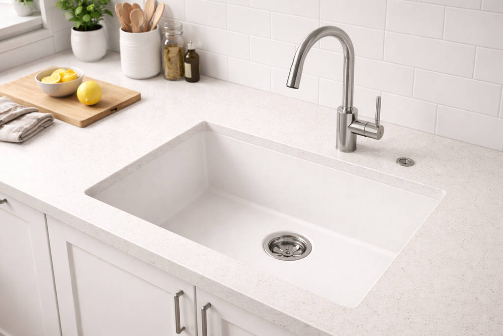 смеситель в раковине, на столешнице пиала с лимоном