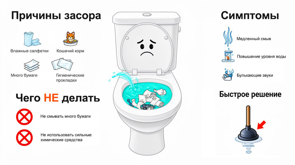 причины засора в унитазе, симптомы и решение