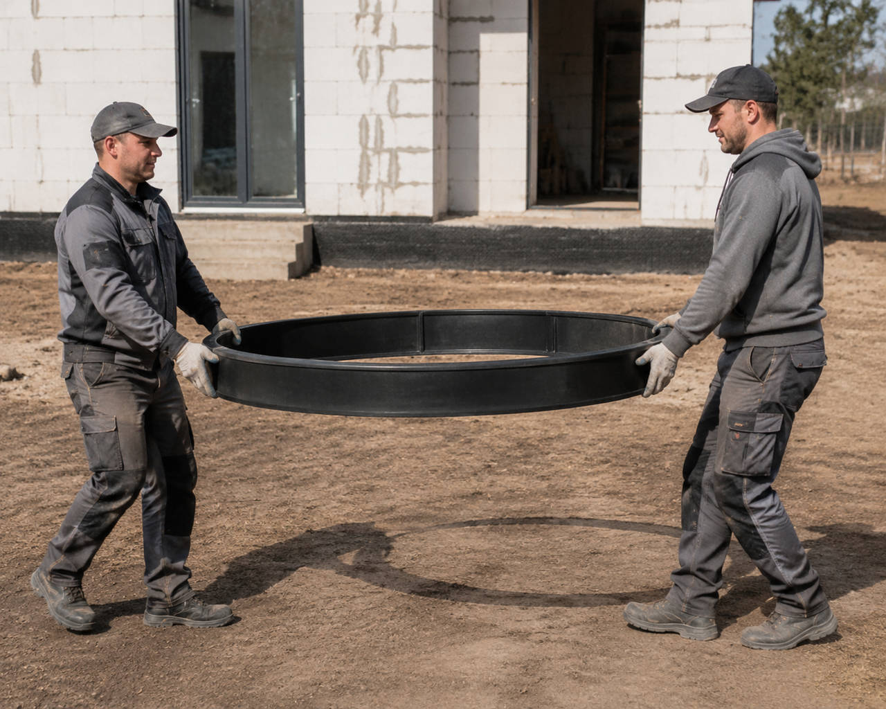 Кольцо колодезное пластиковое несут двое рабочих